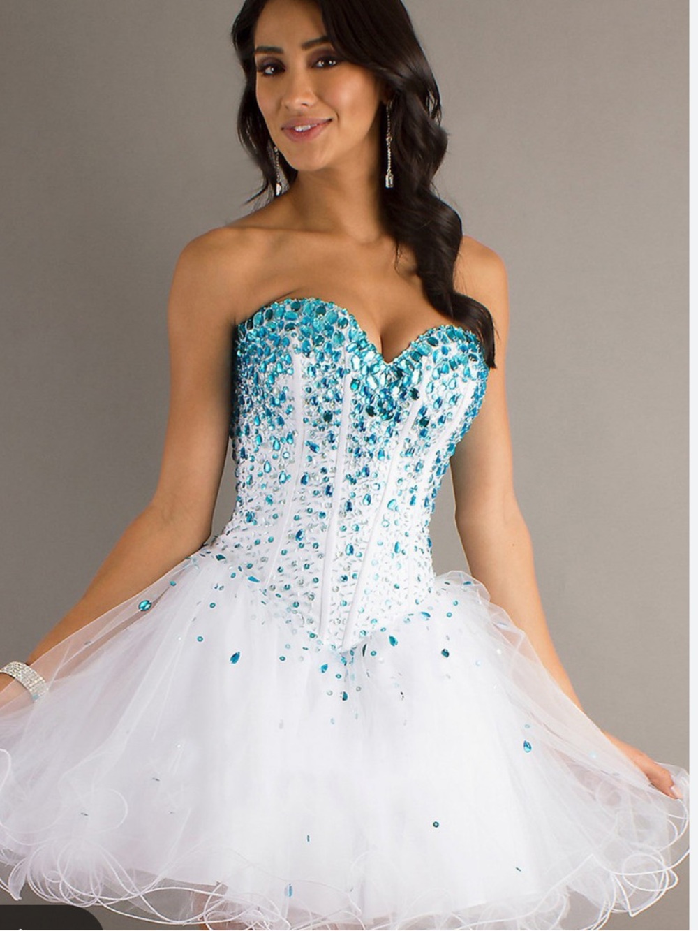 Mori Lee mini dress white blue prom
beaded strapless tulle corset tie back 4